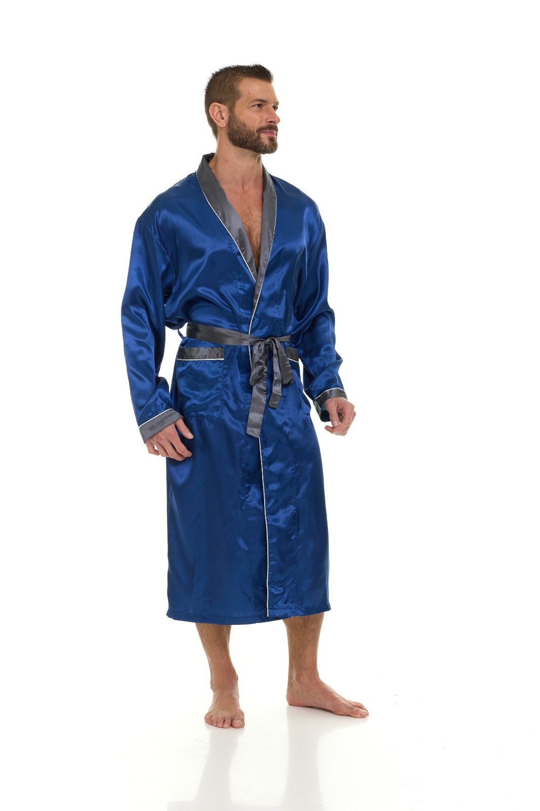 Mens Silk Satin Robe – NAVY / GRAY COLLAR – ” 5 day Delivery – USA ”