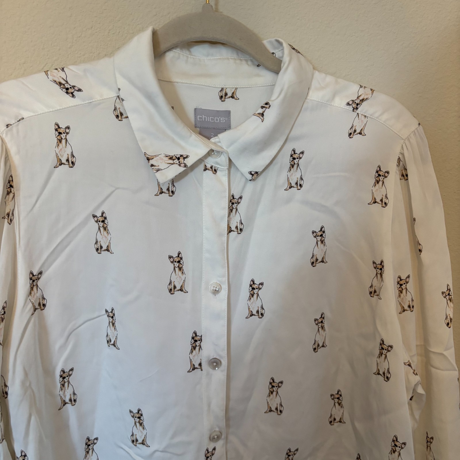 Chico’s Top Women’s 2 US Large 12/14 Button Up Blouse All Over Dog Print Tunic