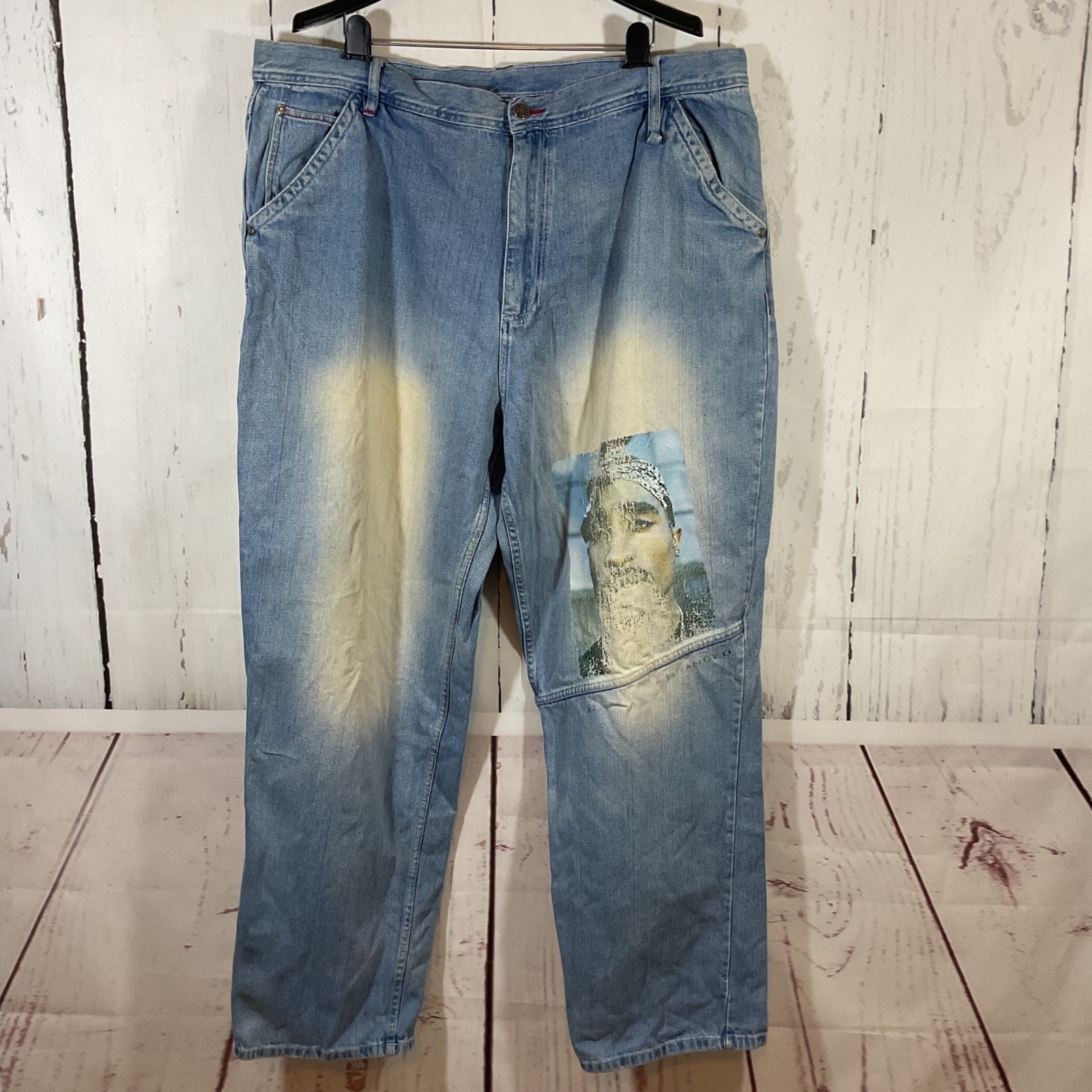 Tupac Makaveli Jeans 42×34 Baggy Denim Fade Graphic Hip Hop Y2K Grunge Rap 90s