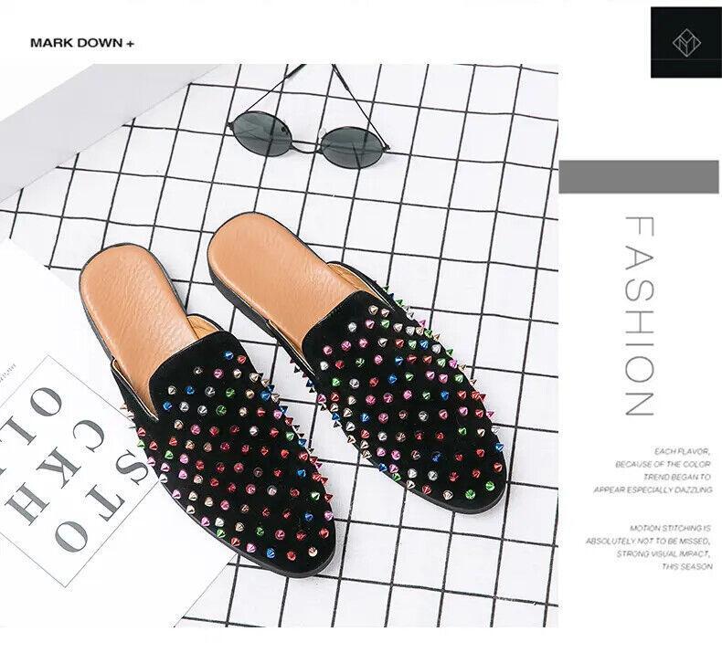 Men‘s Rivets Spike Mules Slippers Slip On Casual Round Toe Shoes Studded Hot