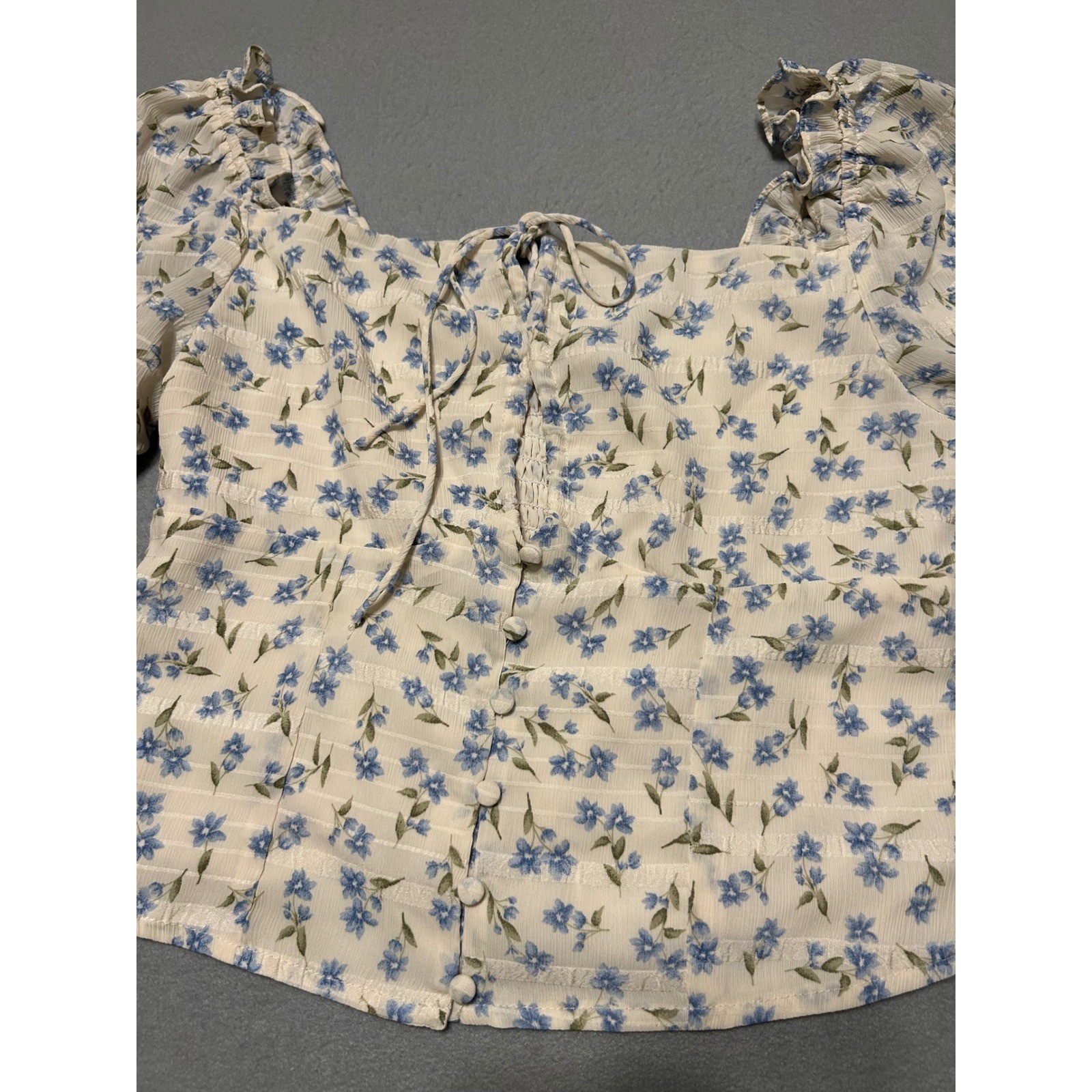 Lulus Floral Puff Sleeve Top Cream Blue Square Neck Smocked Back Blouse Small