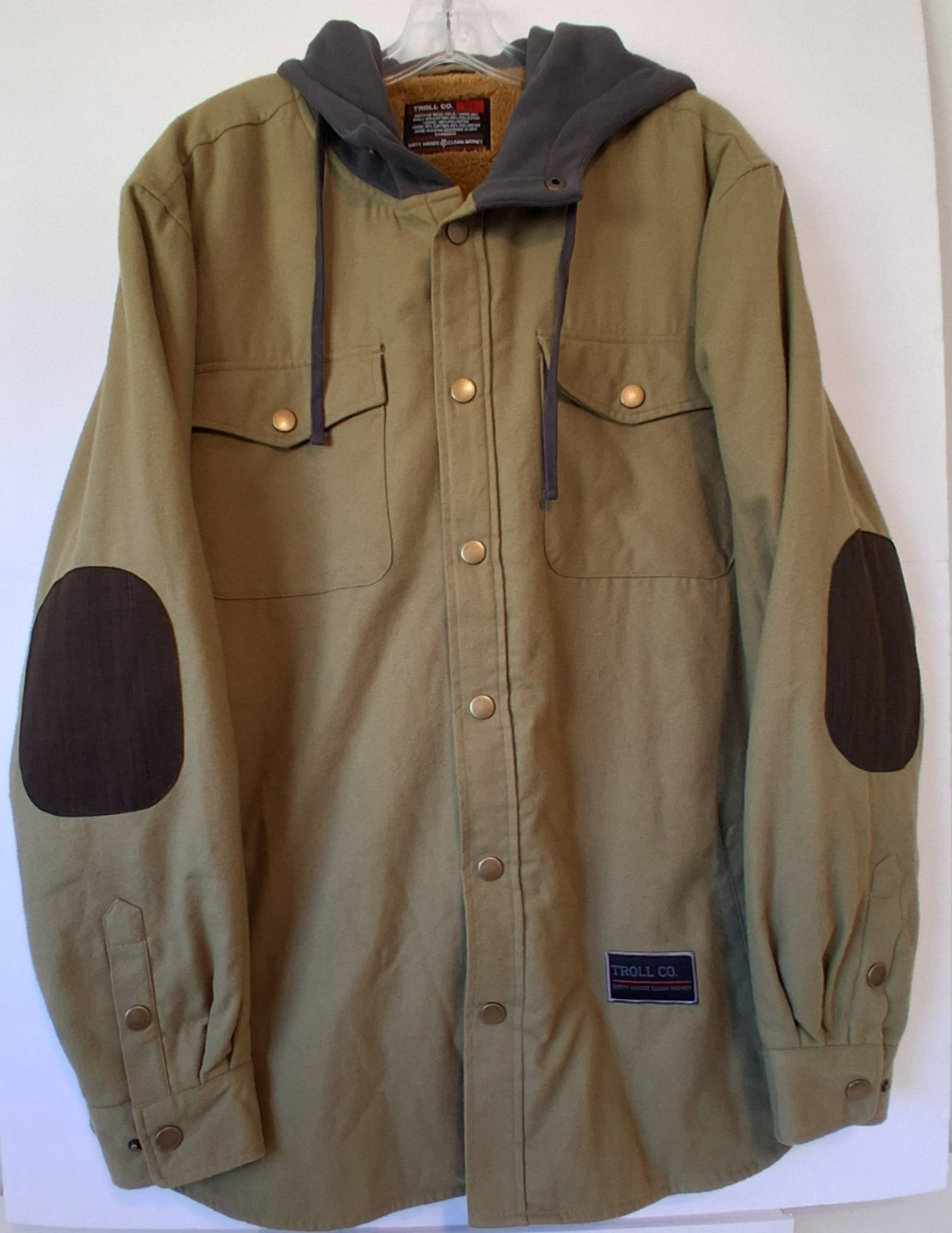 Troll Co Canvas Chore Coat Barn Jacket Mens XL Elbow Patches Lined Green Hooded