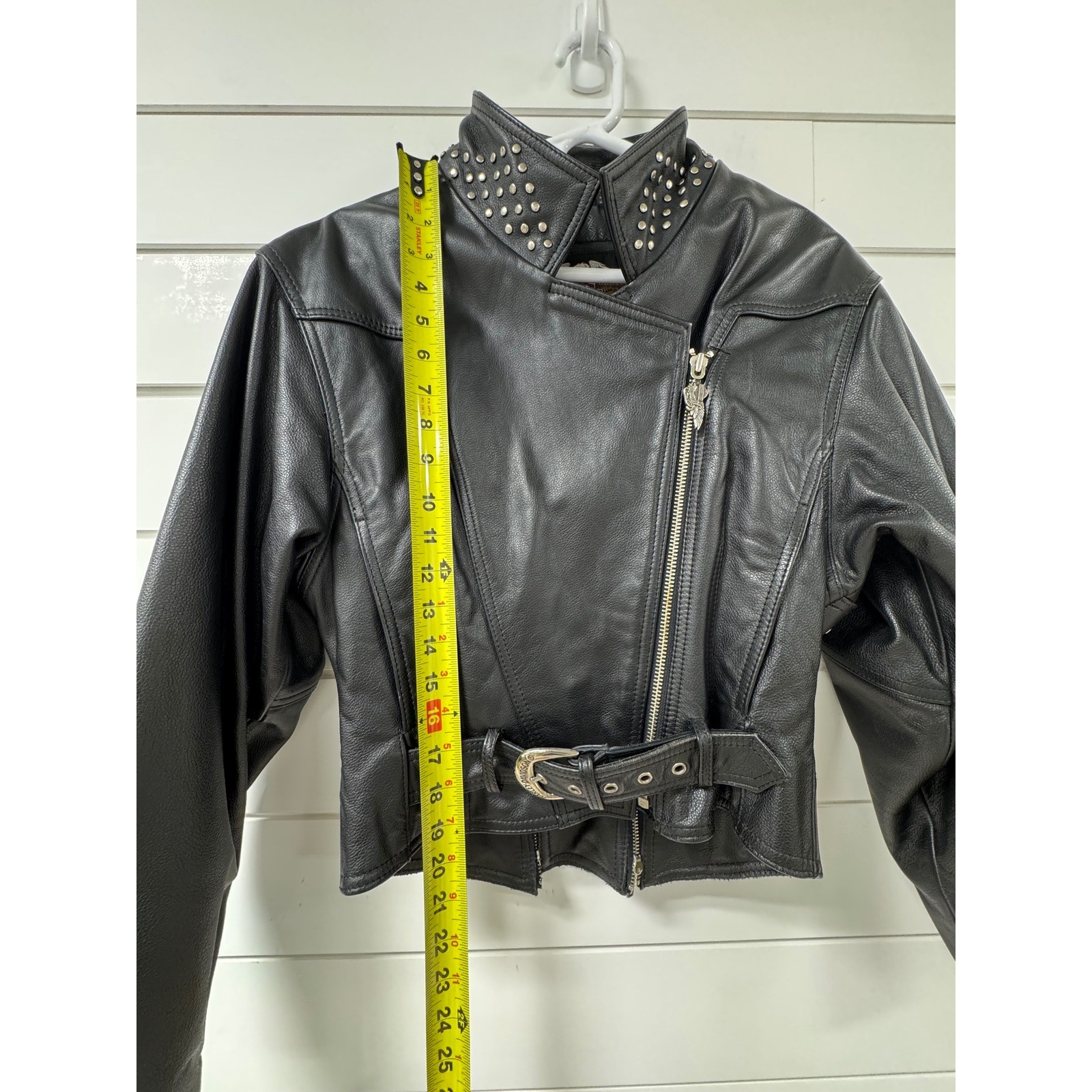Harley-Davidson Womens Black Leather Studded Belted Moto Biker Jacket Cropped