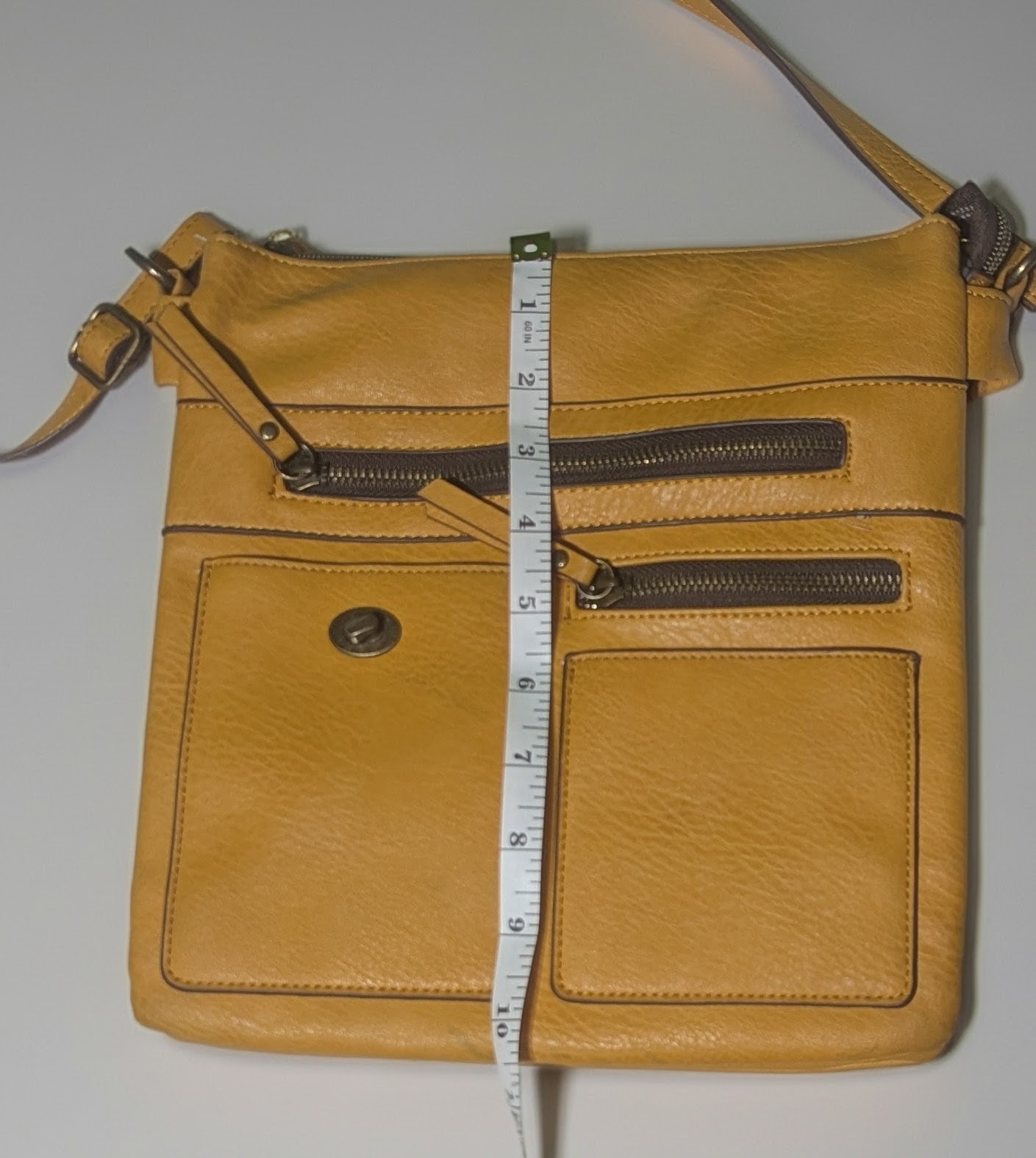 Mustard Faux Leather Crossbody Bag Multi Zip Organizer Adjustable Strap