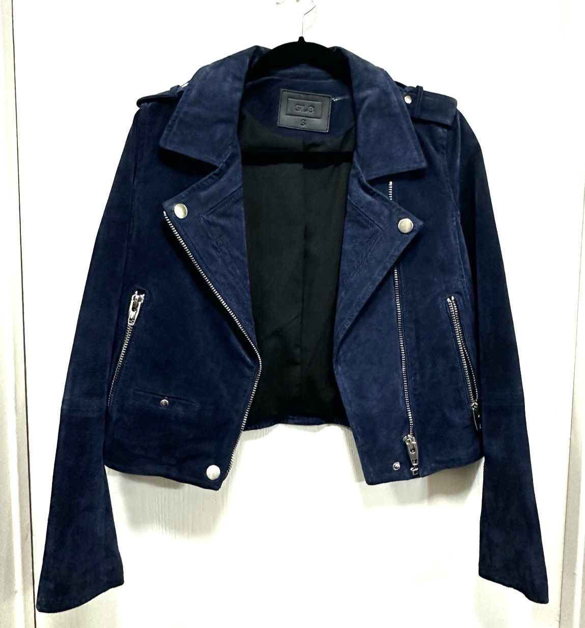 SL8 Moto Jacket Blue Leather Suede Silver Zippers Urban size Small