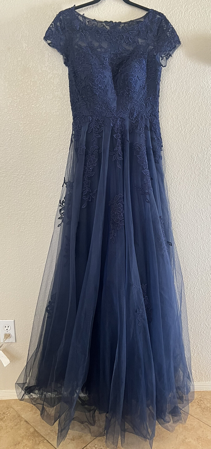 New La Femme 27920 Lace Bateau Tulle A-line Gown In Navy Sz 4 $578