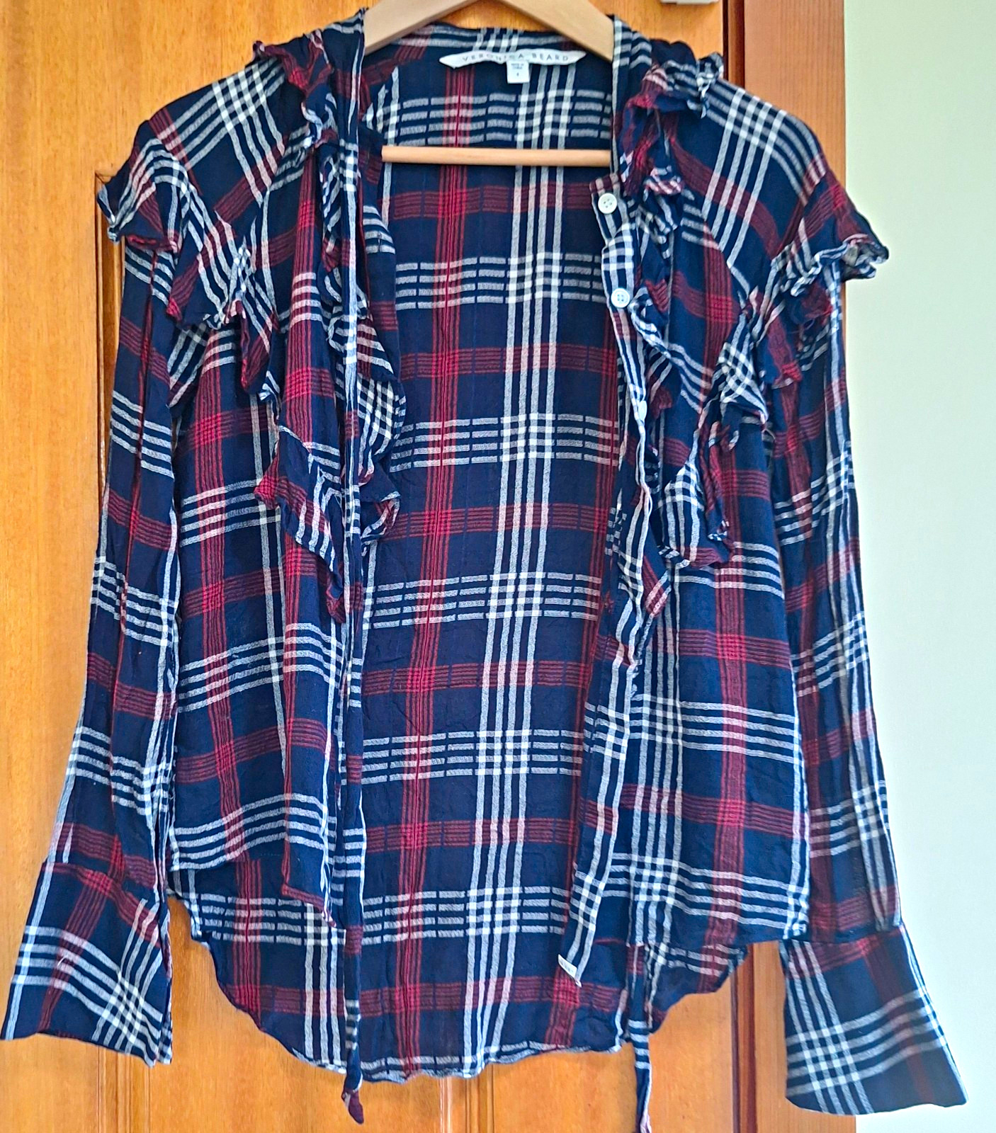 Veronica Beard Navy/Red/White Plaid Gauze Ruffle Collared Button-Front Blouse 4