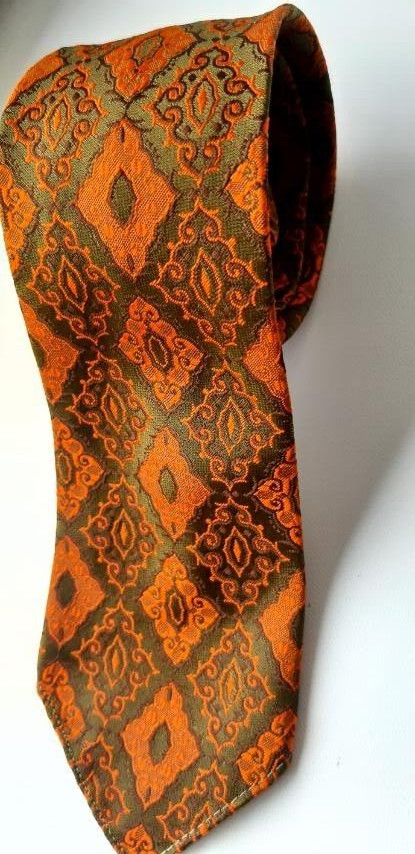BELVEDERE GoldStar Tie Men’s Orange/Olive Rhombus Floral Geometric L-52″ W-2.7″