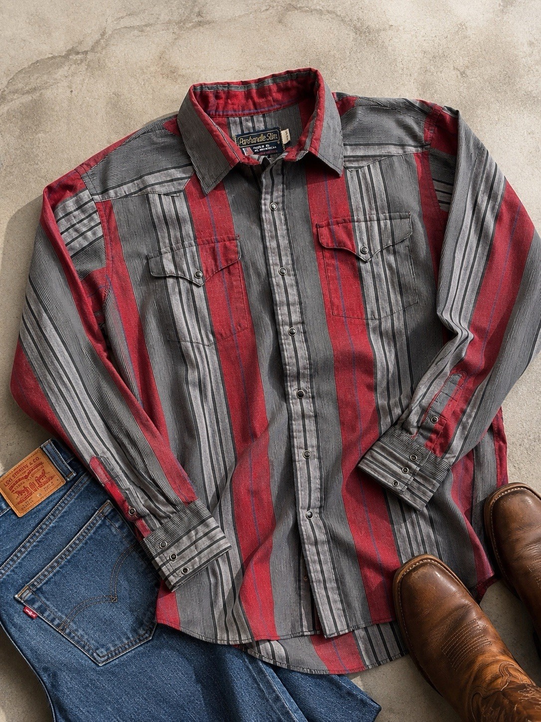 Vintage Panhandle Slim Western Pearl Snap Shirt Gray Red Striped 16.5 34