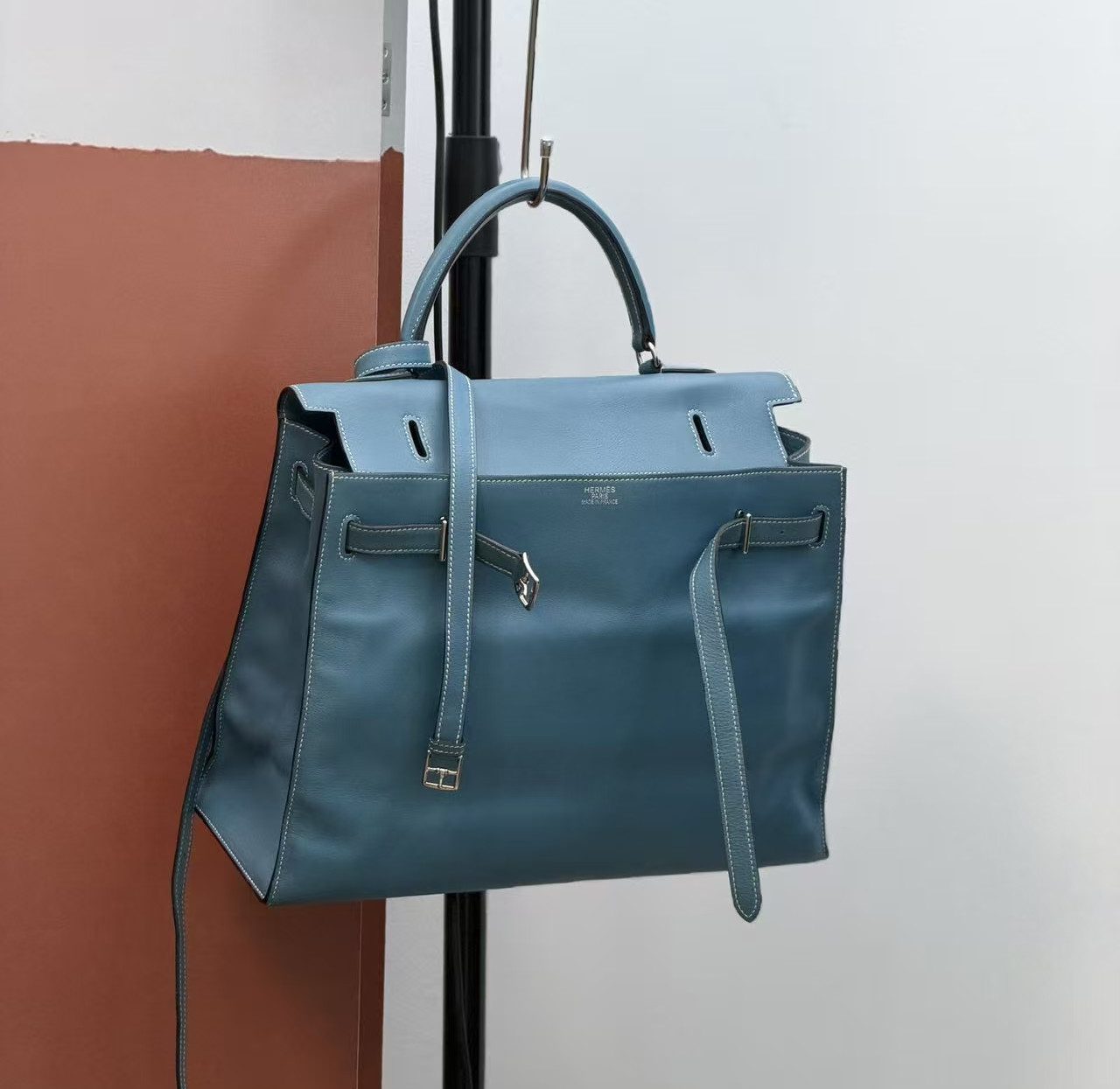 Auth Hermès Kelly Flat 35 Handbag Blue Denim Leather Silver Hardware Vintage