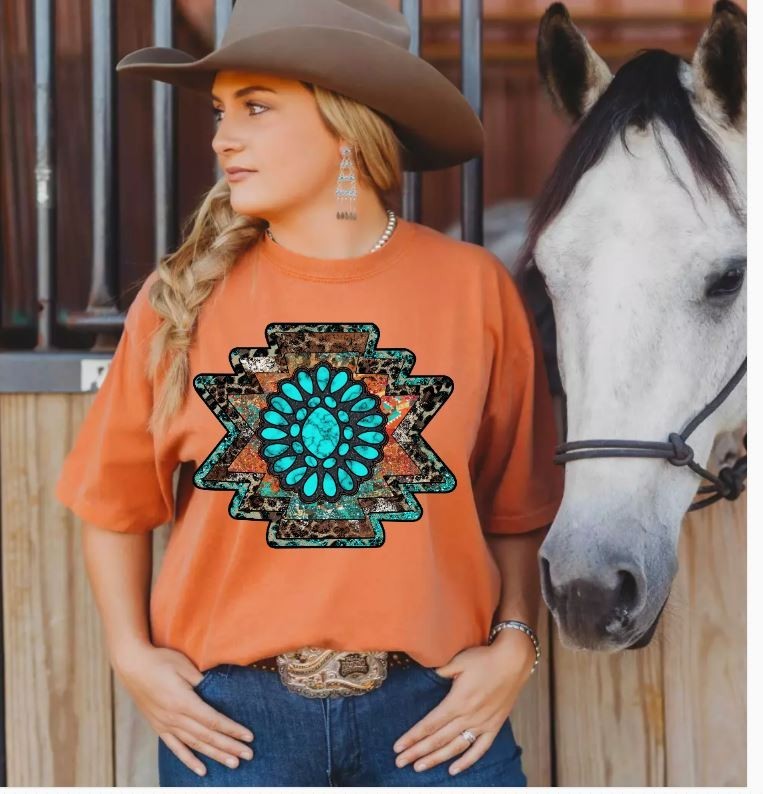 Western Aztec Shirt, NWT, Size M, Country, Cowgirl, Turqoise Tee, Gemstone,