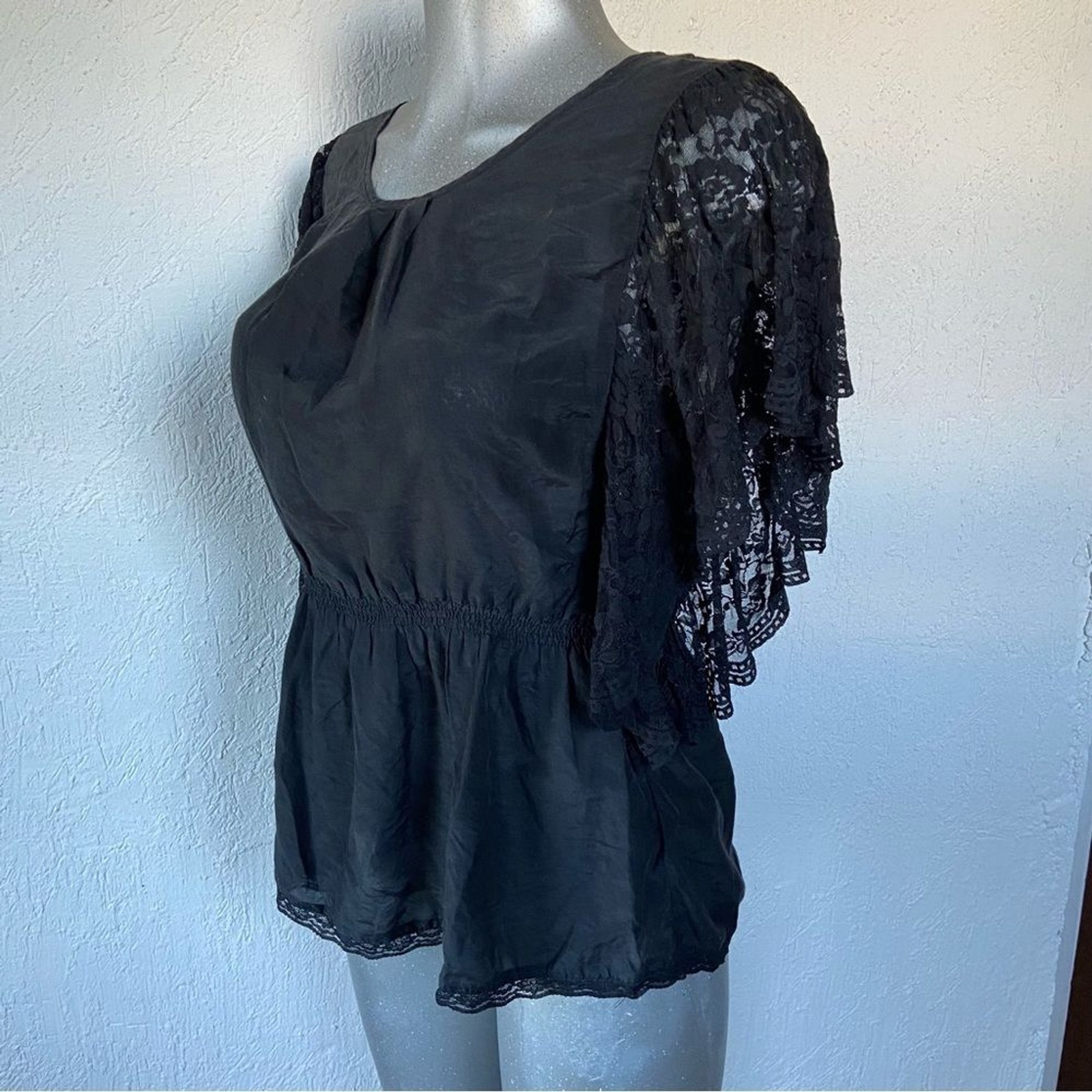 Twentyone Steampunk Fairy-Goth Cotton/Silk Blouse Top Lace Batwing Sleeve Large