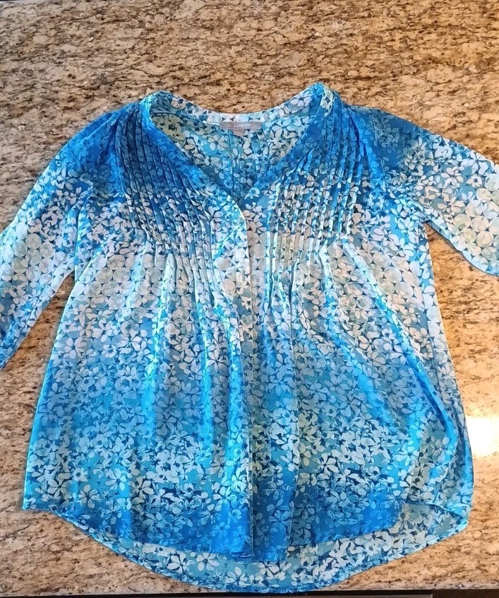 New Direction Women’s Blue White Floral Pleated Chiffon 3/4 Sleeve Blouse S