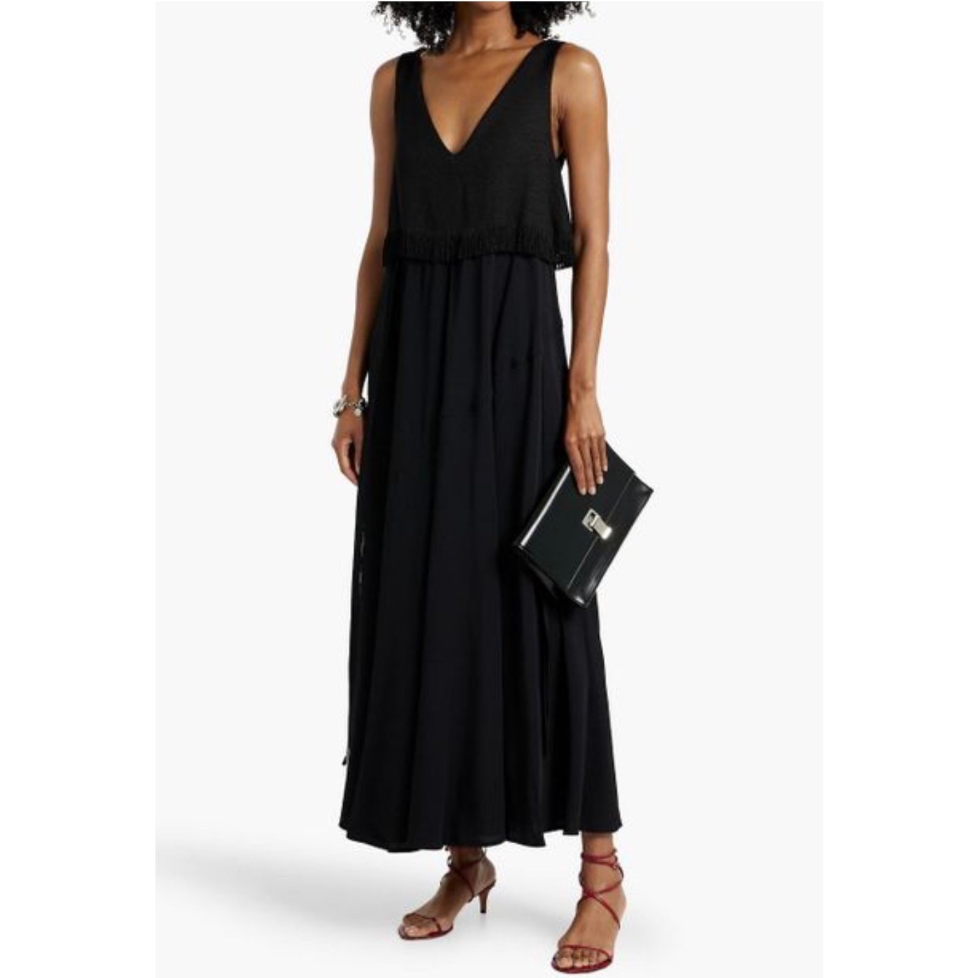 NWT Proenza Schouler Black Lynda Fringed Bouclé-Paneled Crepe Maxi Dress Size 8