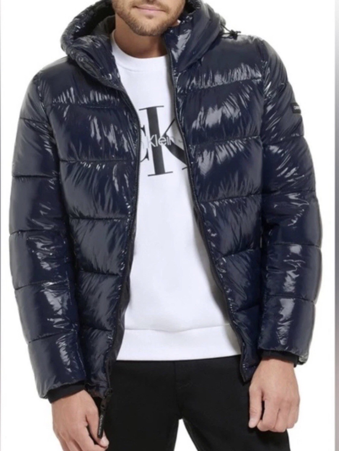$225 NWT CALVIN KLEIN MENS SNAP FRONT PUFFER JACKET COAT NAVY SHINY LARGE