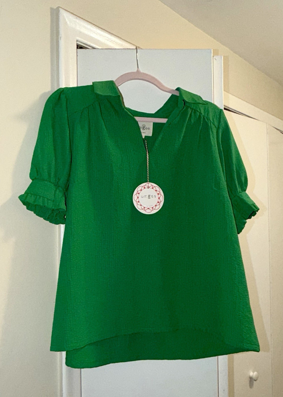 UMGEE Women’s Green Solid Collared Short Puff Sleeve Ruffle Blouse Size S