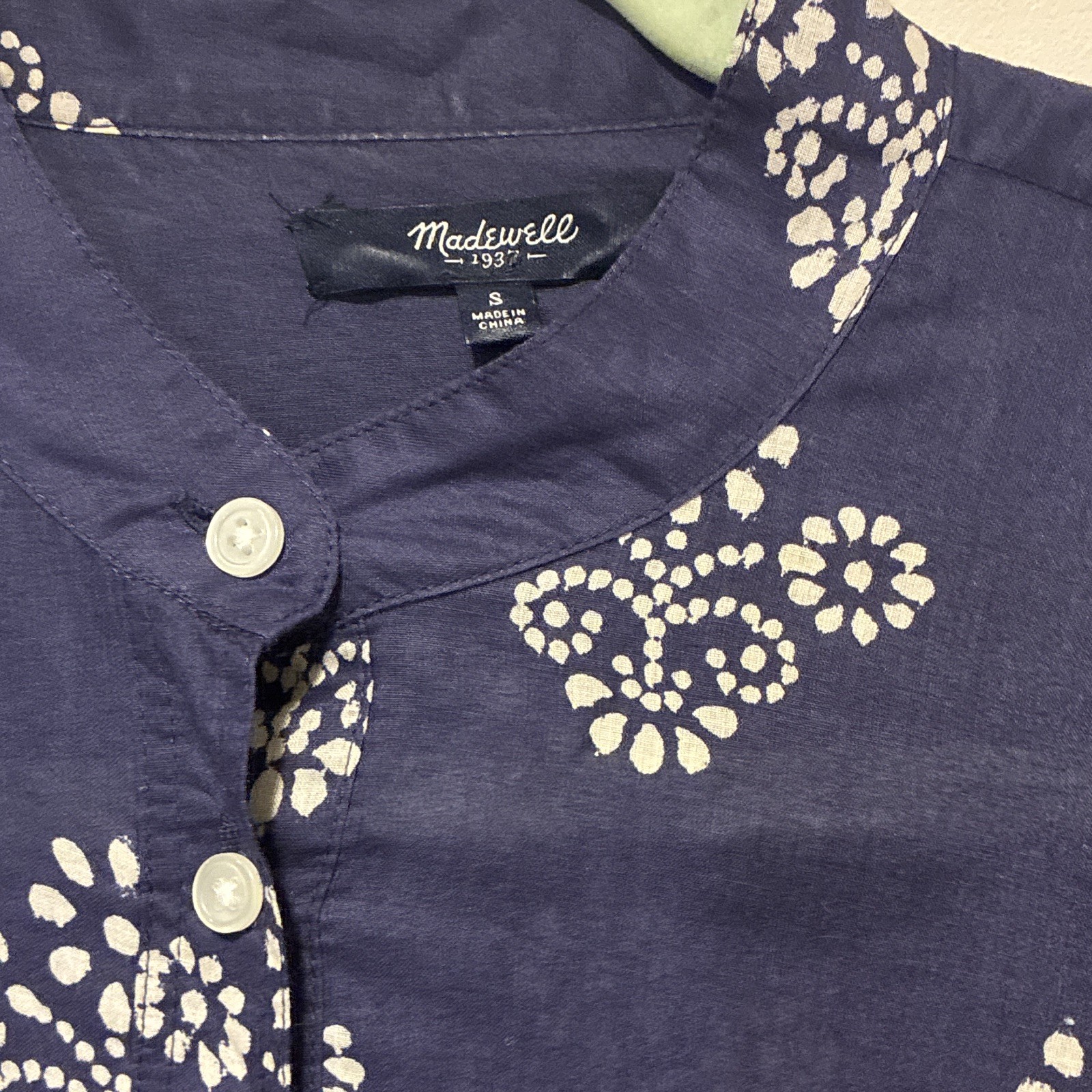 Madewell Blue White Floral Blouse Mock Neck Woven 3/4 Sleeve Button Front S