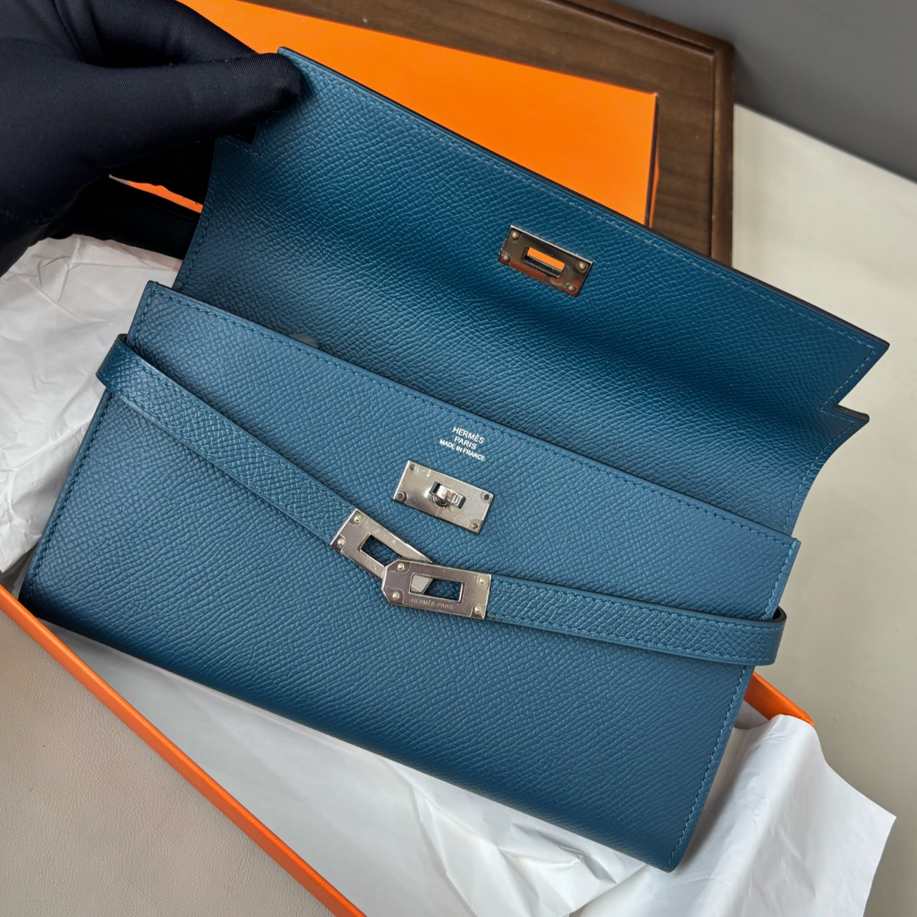 Excellent Hermes Kelly Epsom Leather Blue Long Wallet Clutch Silver Hardware