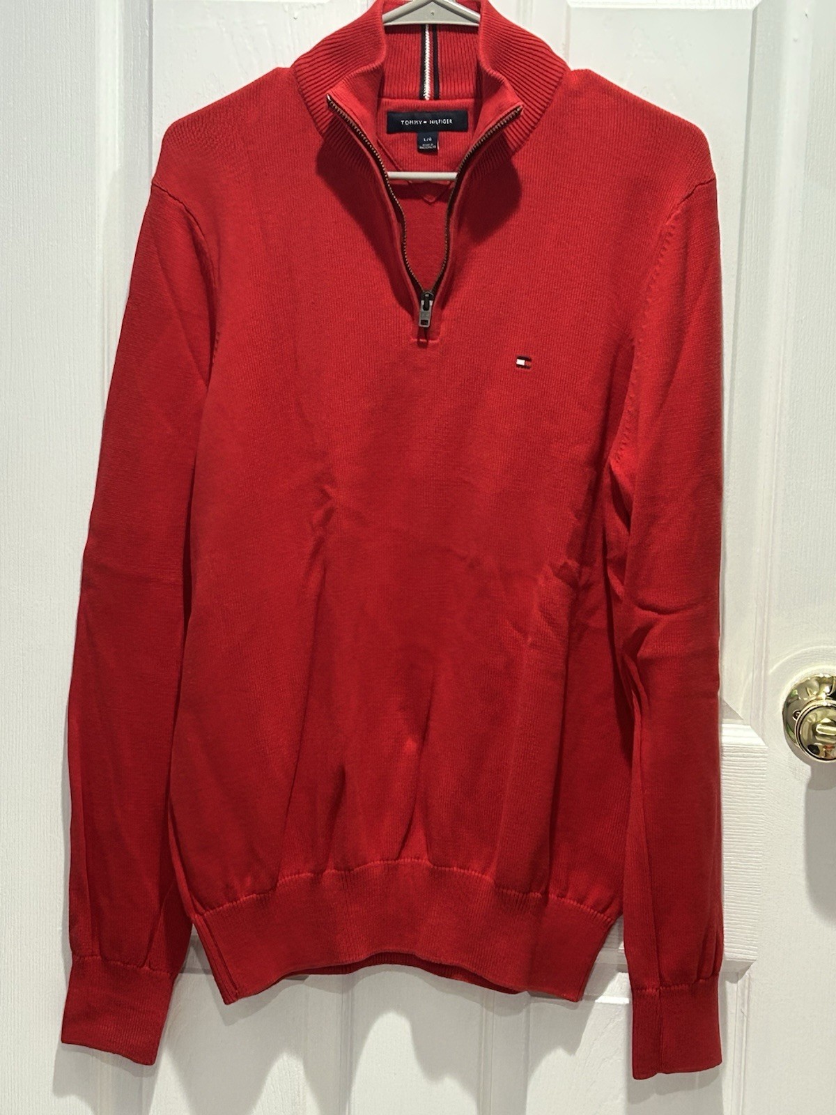 Tommy Hilfiger Quarter Zip Sweater Mens Large Red Cotton Pullover