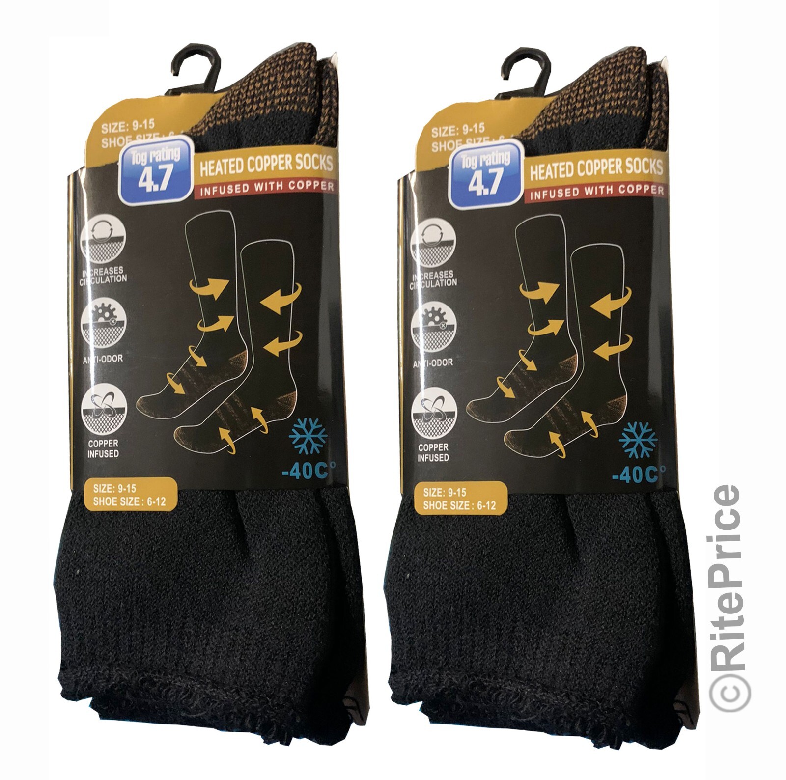 2 Pairs (2 Pack) Goldstar Heated Copper Socks Black Tog Rating 4.7 (Size: 9-15)