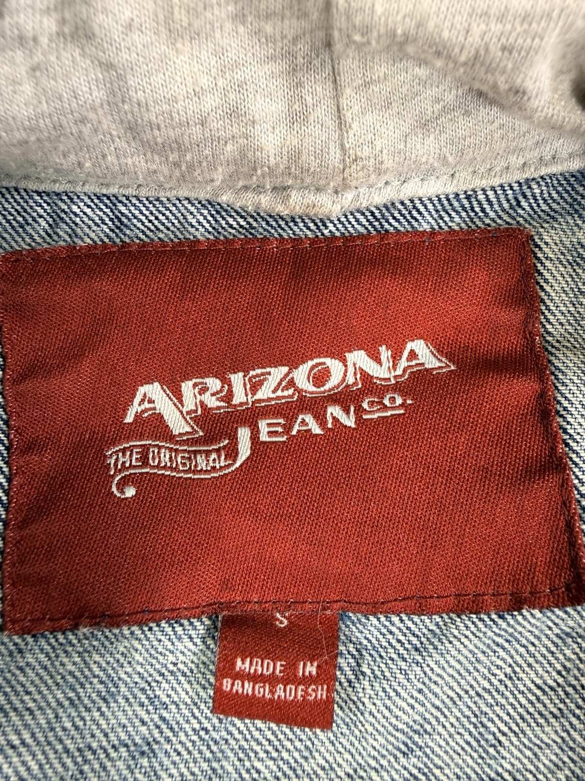 Arizona Jean Hooded Jacket Sz S Denim Button Up Blue Hybrid Trucker Distressed