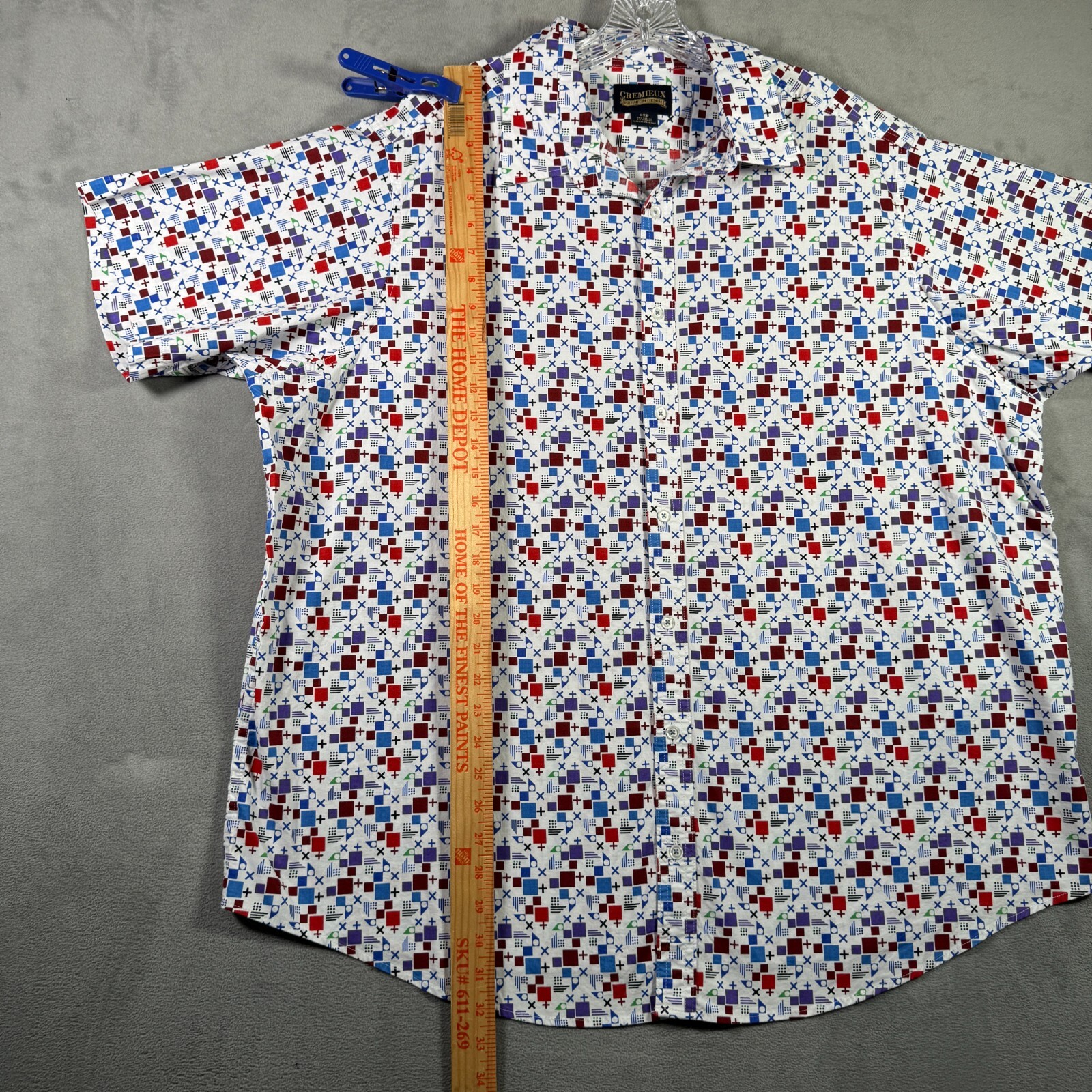 Cremieux Premium Denim Shirt Mens 2XB Geometric Print Stretch Short Sleeve NWOT
