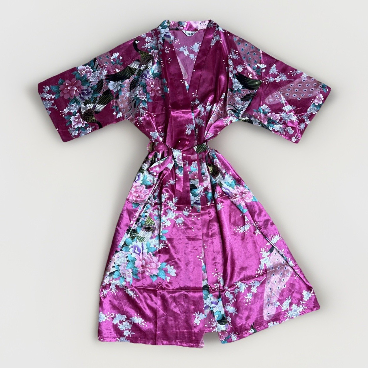 Vtg Singapore Premium Satin Kimono Robe Fuchsia Pink Peacock Floral Geisha OS