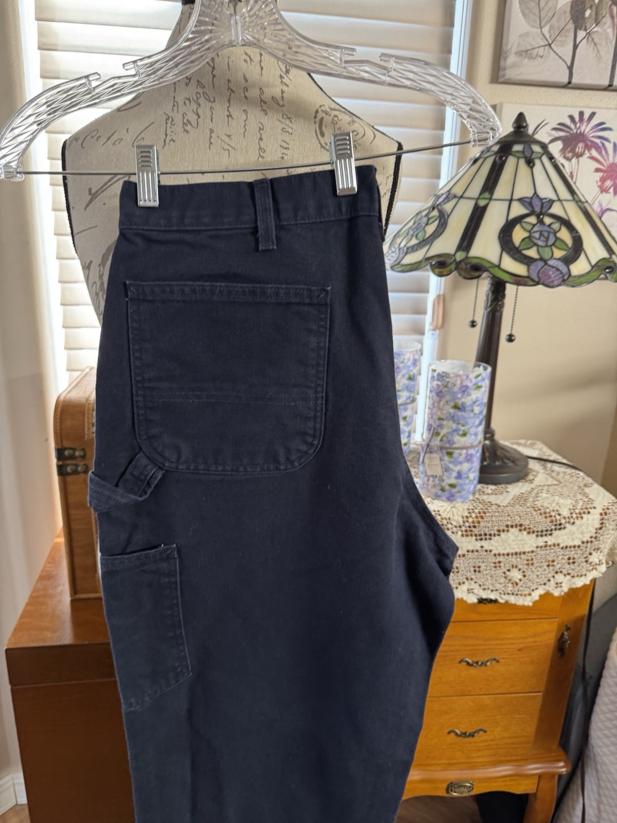 CARHARTT MENS 36X30 NAVY COTTON DENIM CARPENTER PANTS, FLAT FRONT, SLANT POCKETS