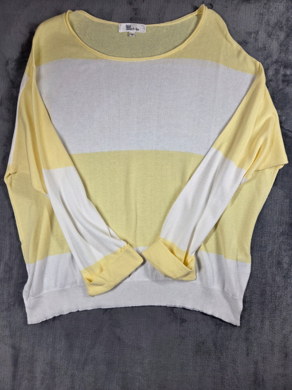 My Tribe Sweater Size S White Yellow Stripe Lightweight Preppy Y2K