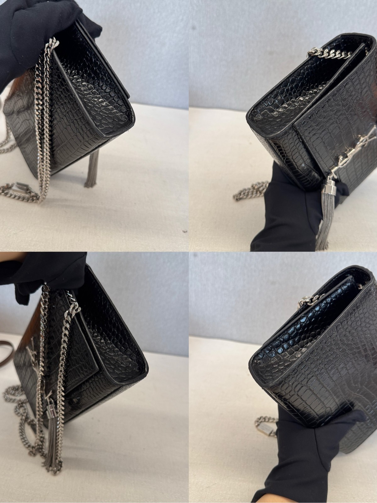 Saint Laurent Kate Small Black Croc Embossed Cowhide Crossbody Bag US Ship
