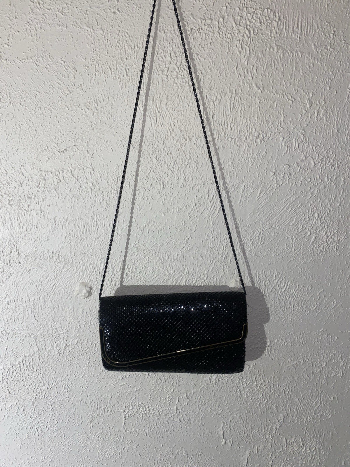 Black Mesh Chain Strap Shoulder Bag Purse, Gold Hardware, Snap, Zip Pocket