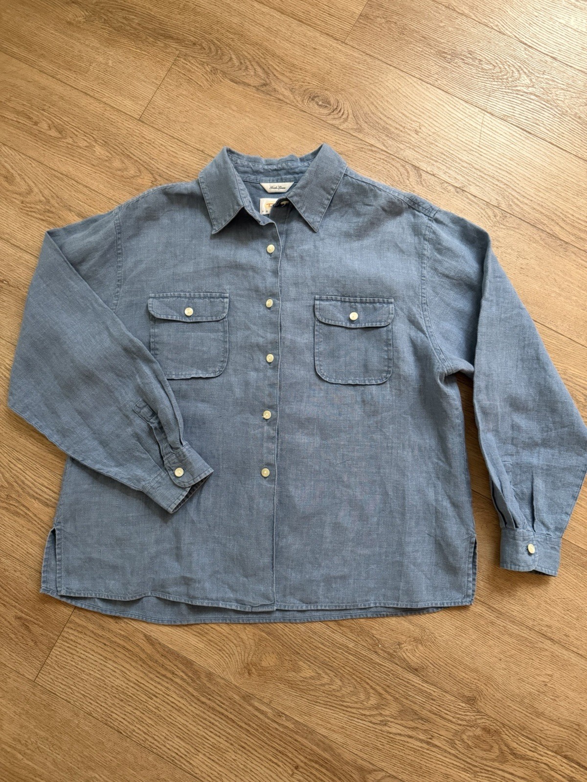 Vintage Talbots Petite 14 IRISH LINEN Button Up Shirt Long Sleeve Blue Top Women