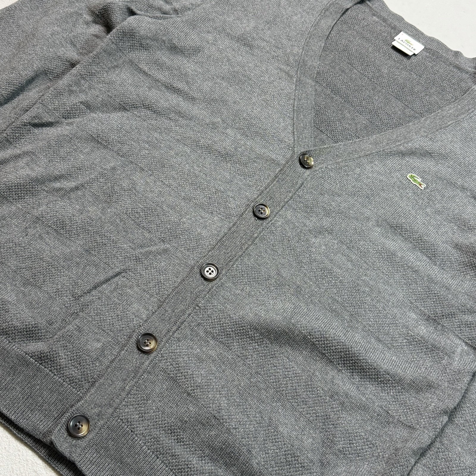 Lacoste Gray Cardigan Button Front Sweater Men’s Sz 6 XL Strip Pattern