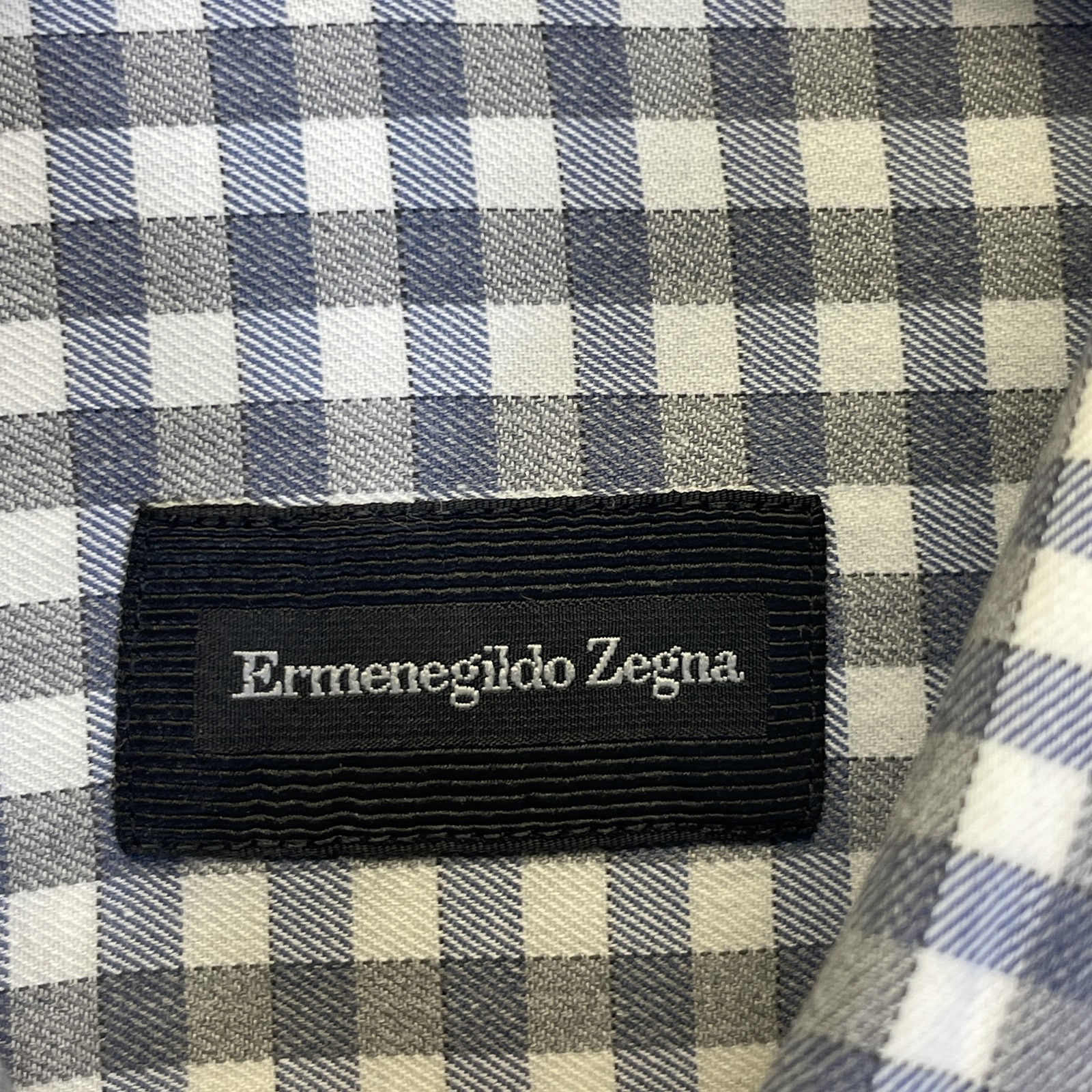 Zegna Men’s Blue Gray Gingham Button Up Shirt Size Large Cotton Long Sleeve