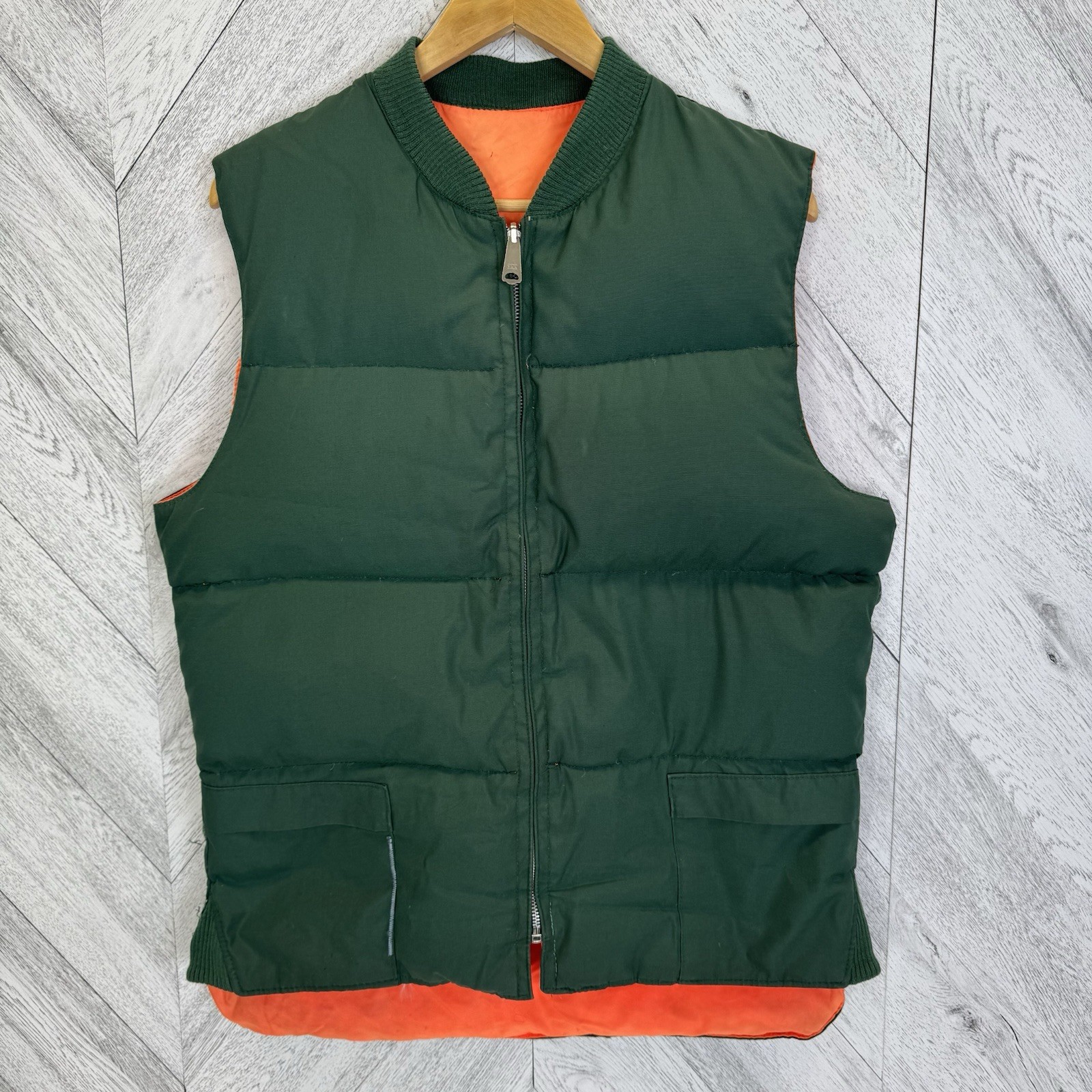 Vintage Goose Down Hunting Puffer Vest Reversible Green Orange Mens Large