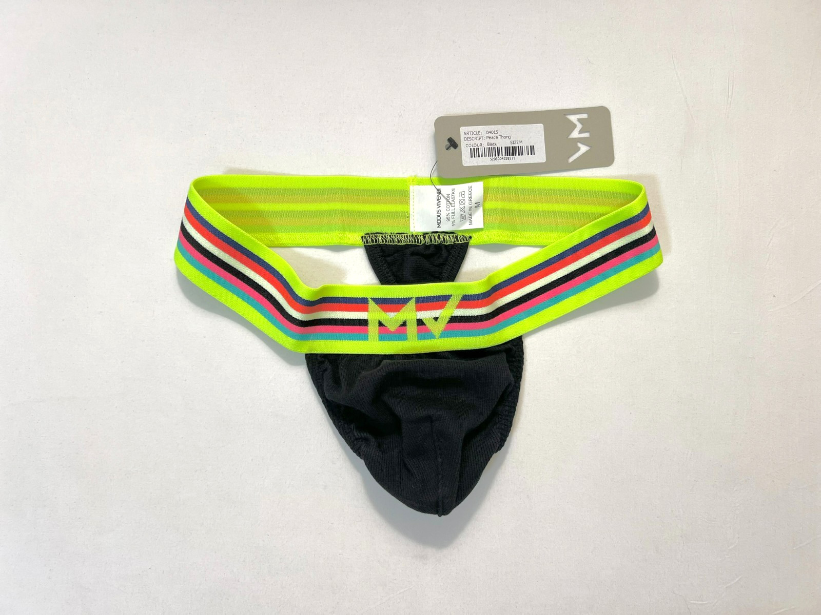 Modus Vivendi Size M Ribbed Cotton Peace T-Back Thong – Black/Multi Color