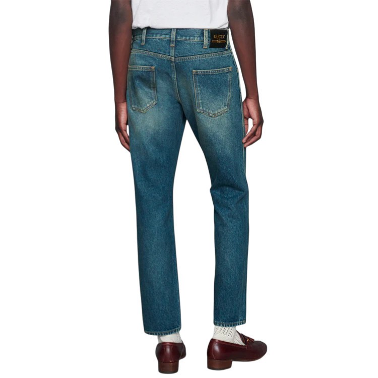 Authentic Men’s Gucci Blue Slim Tapered Stone Washed Denim Jeans 408637 New
