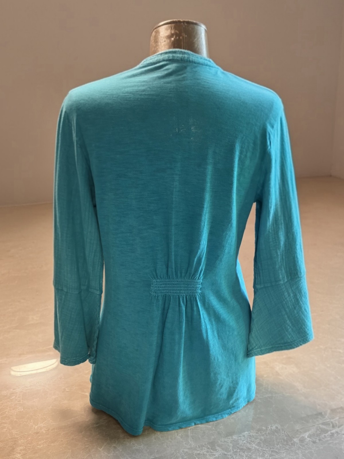 Western Turquoise Embroidered Button Front Blouse Artisan Teal 3/4 Sleeve Top M