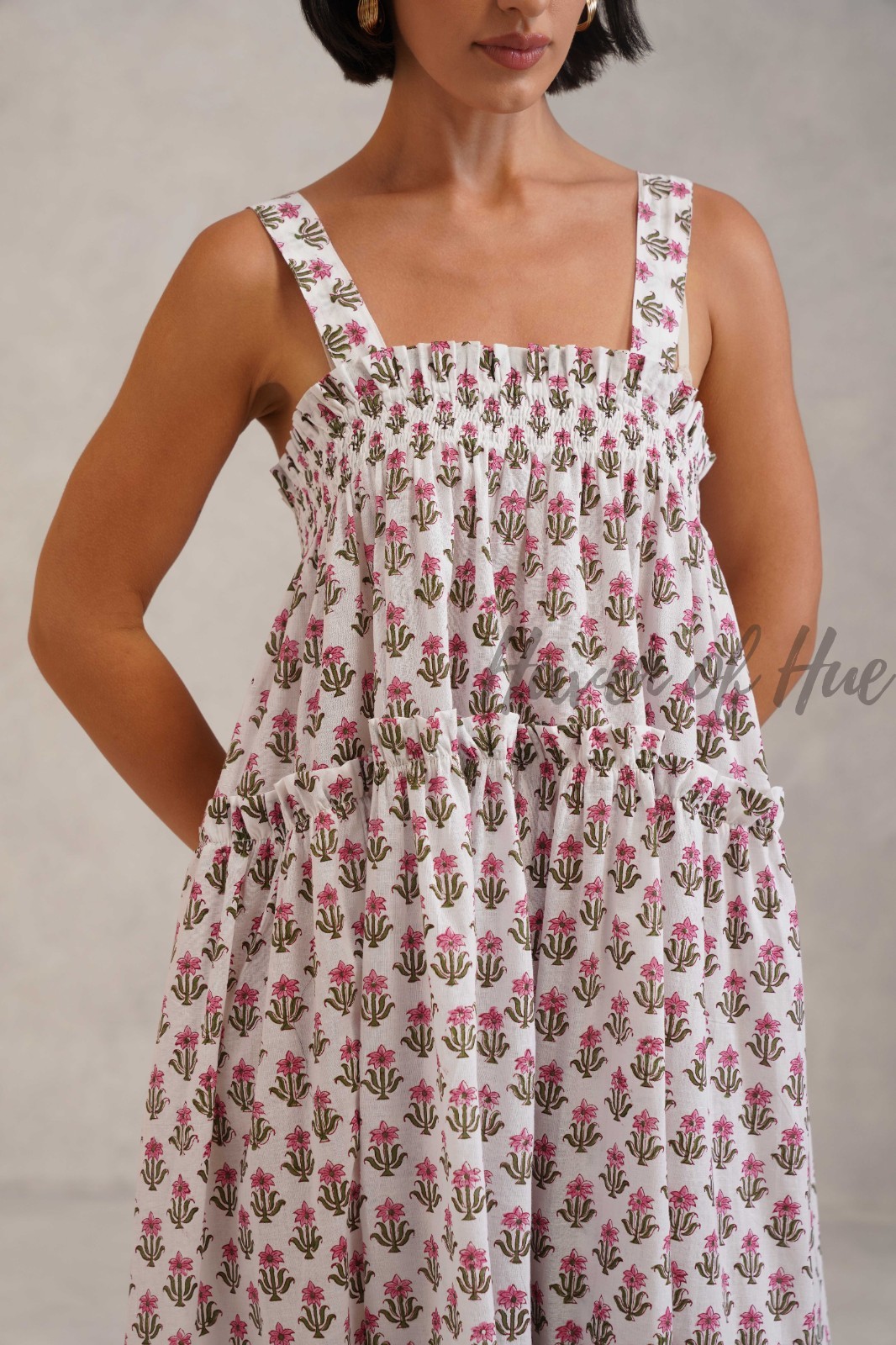 Hand Block Printed Cotton Midi Dress, Tie Up Shoulder Straps, Boho Style