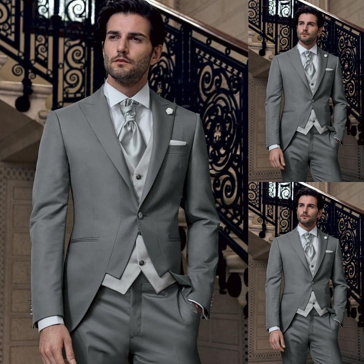 Double Breasted Mens Suits Gray Tailcoat Formal Dinner Party 3Pcs Business Coat