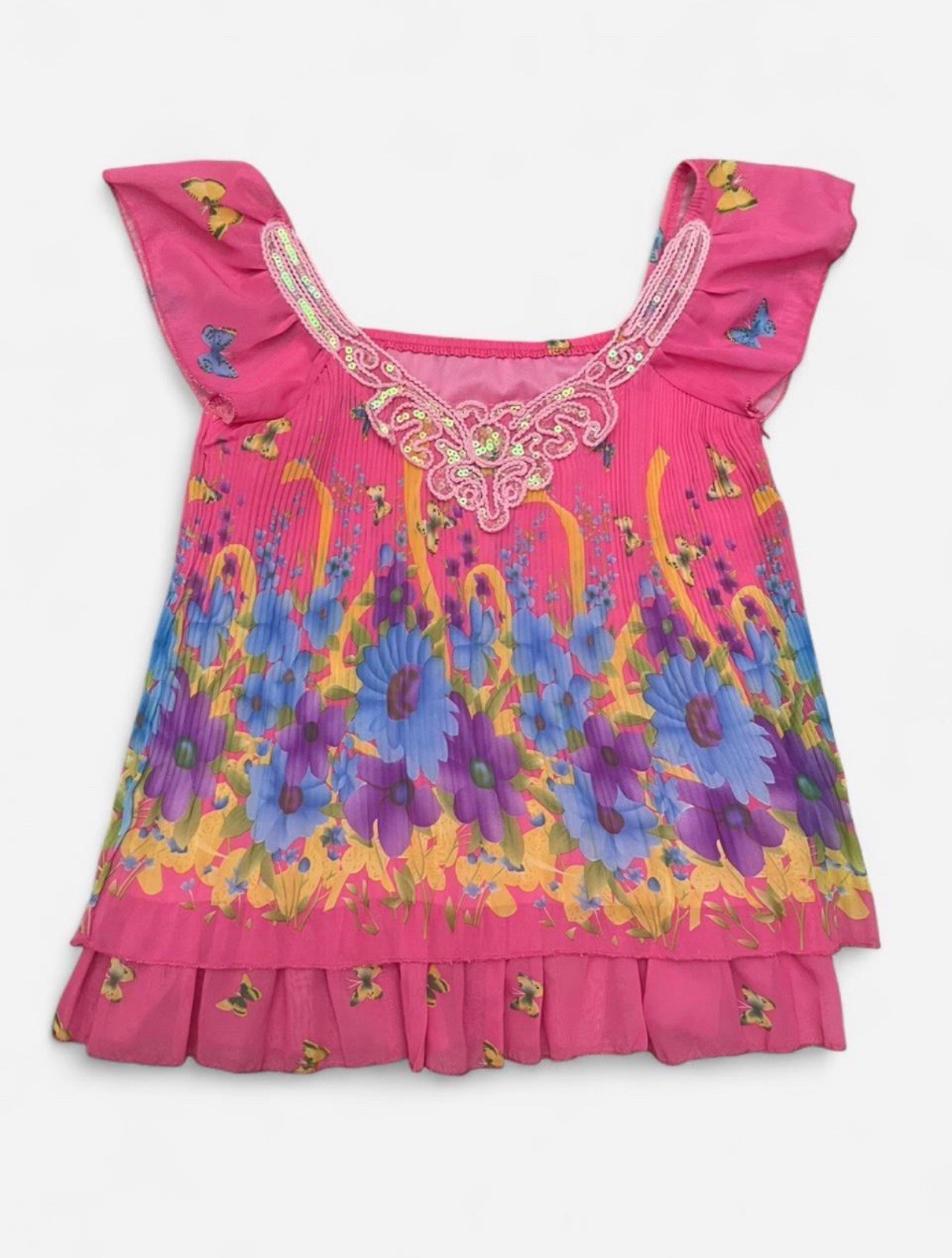 Pink Floral Embellished Sequin Flutter-Sleeve Blouse Top Women’s Size M