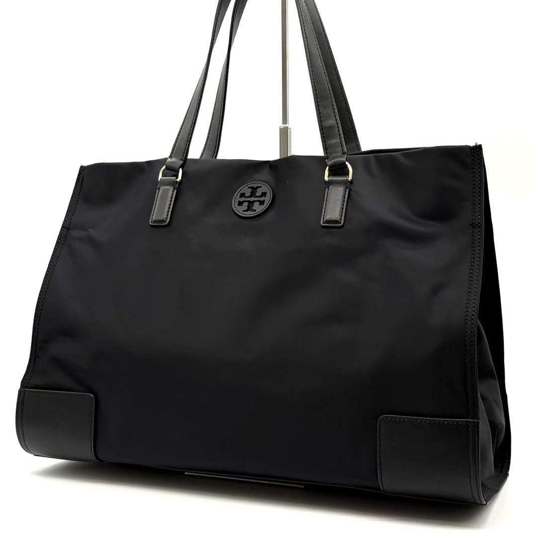 Tory Burch Ella Nylon Tote Bag Leather Shoulder A4 Compatible Black Commuting Sc