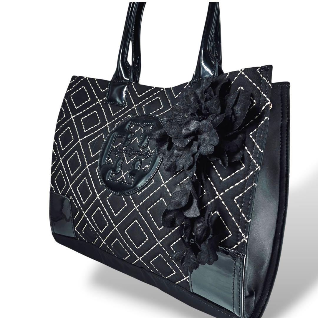 A4 Compatible Tory Burch Nylon Tote Bag Quilted Ella Black