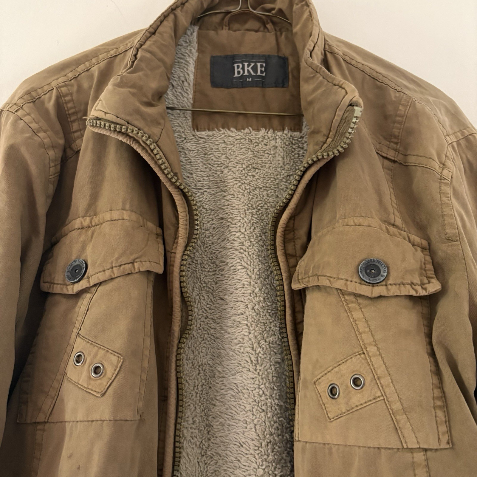 BKE Men’s Brown Bomber Jacket Sherpa Lined Zip/Button Pockets Size M