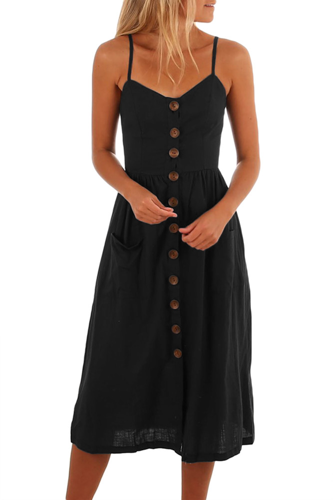 Women Spaghetti Straps Solid or Crochet Fit-and-Flare A-Line Casual Midi Dress