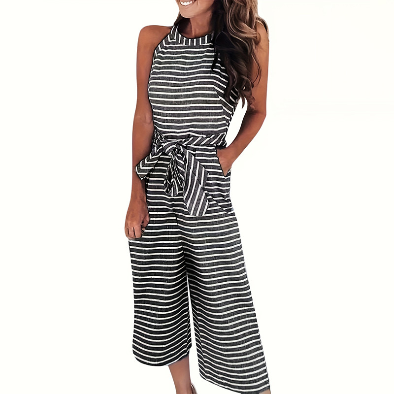 Womens Striped Wide Leg Jumpsuit Casual Summer Sleeveless Beach Romper