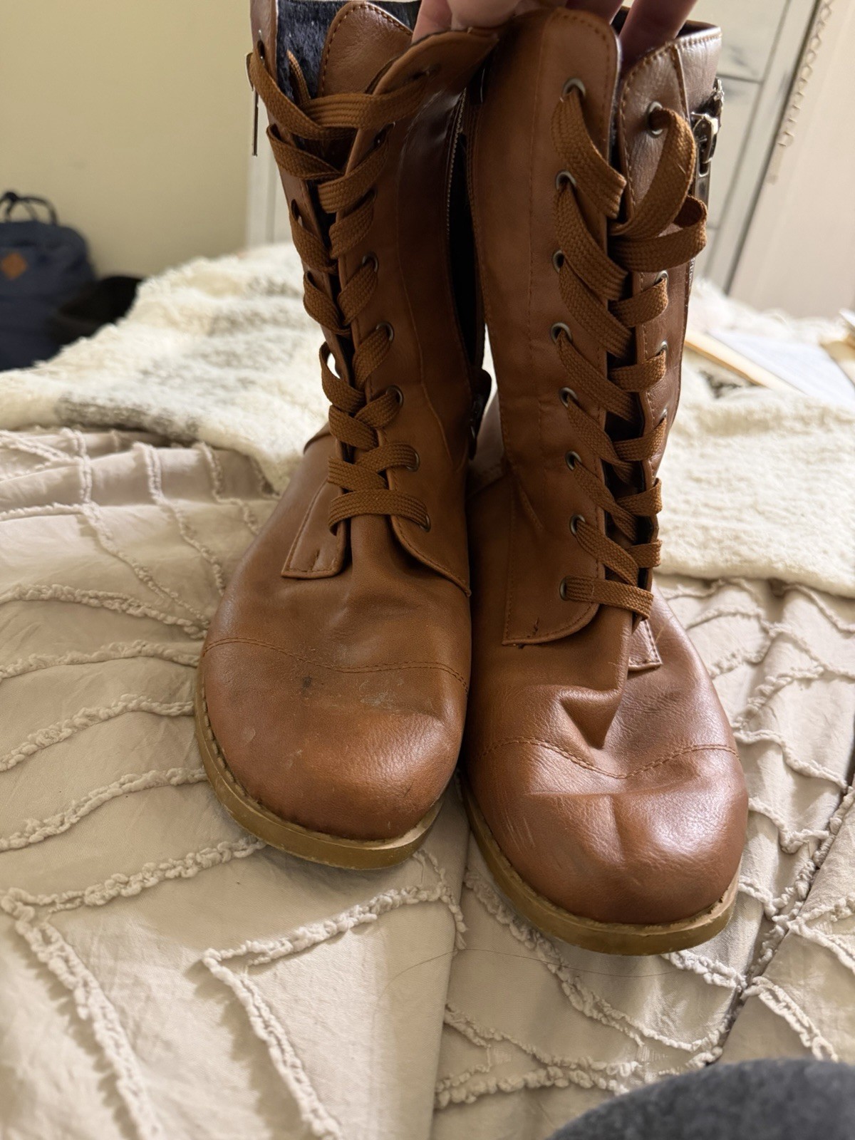 Women’s Brown Solid Mid-Calf Combat Boots Lace-Up Side Zipper Buckle Round Toe