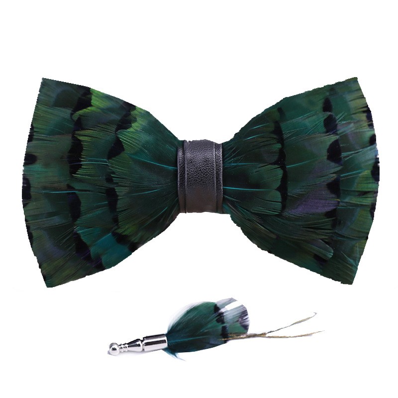 Feather Bow Ties for Men, Handmade Pre-Tied Bow Tie and Brooch Set
