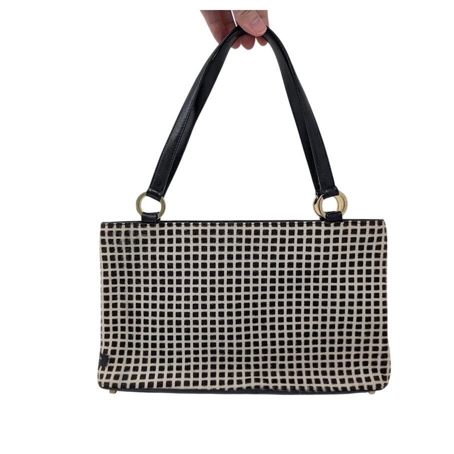 Kate Spade New York handbag checkered plaid brown white ponyhair leather trim