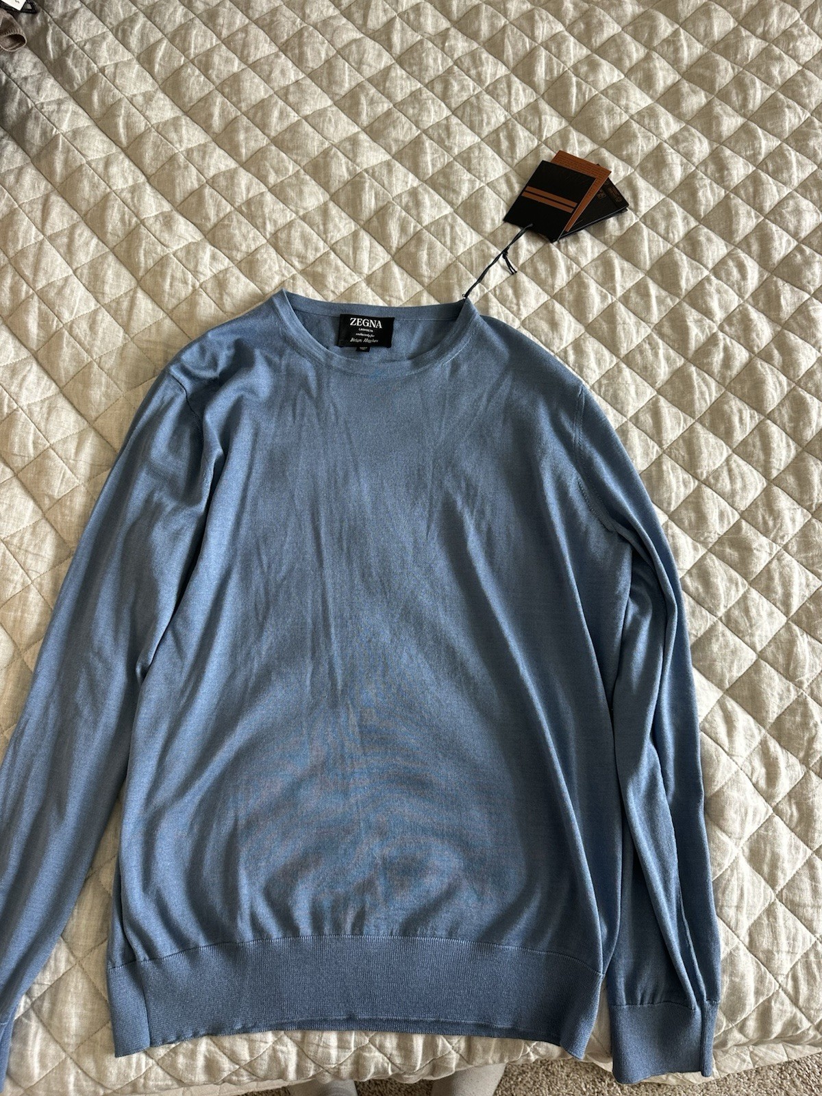 Zegna Cashseta Cashmere Silk Crewneck Sweater Blue Made in Italy Size 52R